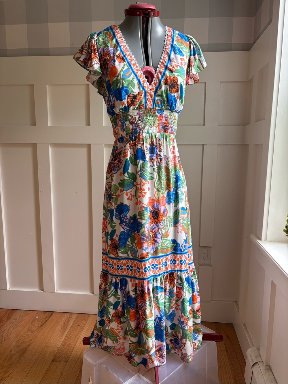 Adrianna Papell Blue and Orange Floral Smocked Maxi Dress 2 - Picture 7 of 9